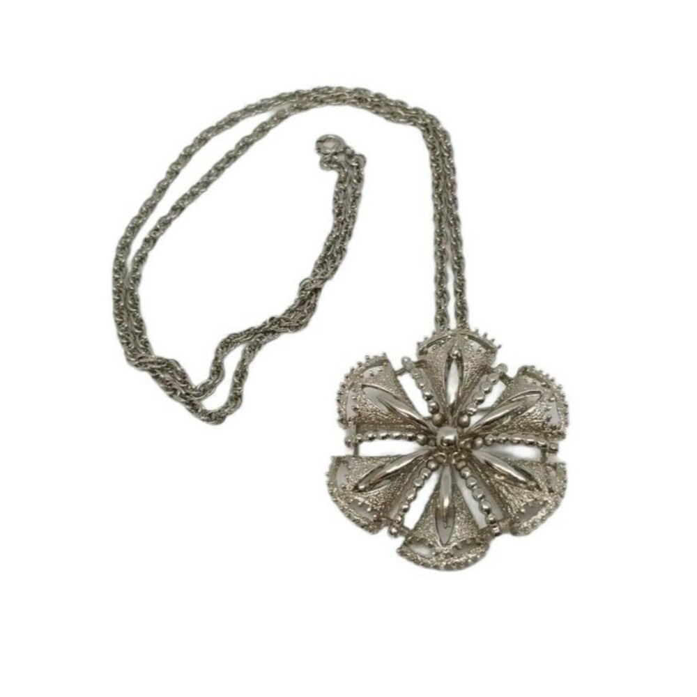 Rebecca Flower Brooch Pendant Silver Tone Openwork Pin Necklace Signed Vintage - Picture 1 of 9